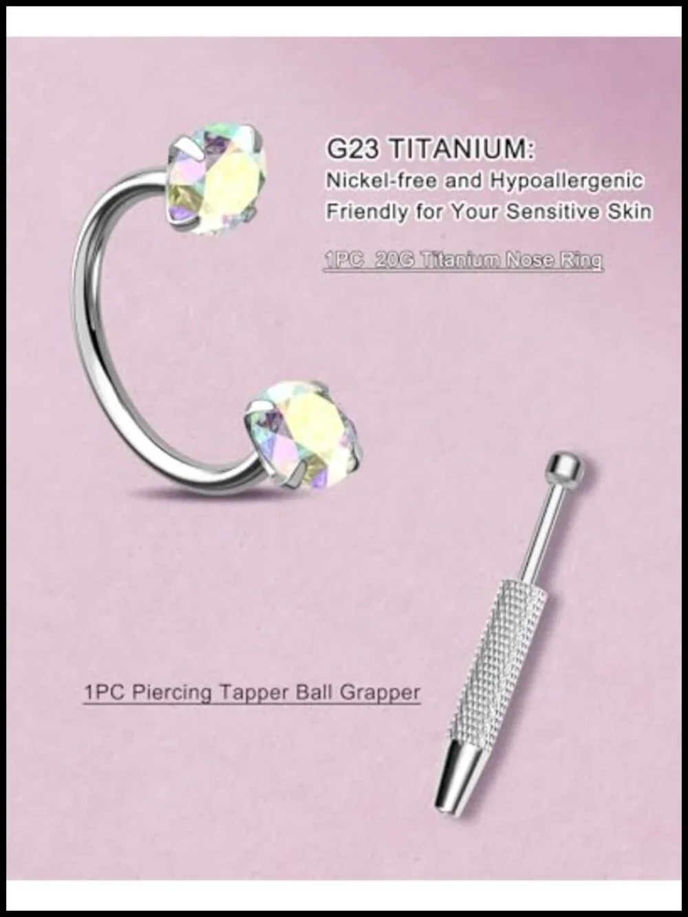 20G Titanium Horseshoe Nose Ring CZ Internally Threaded Piercing Jewelry 6/7/8mm